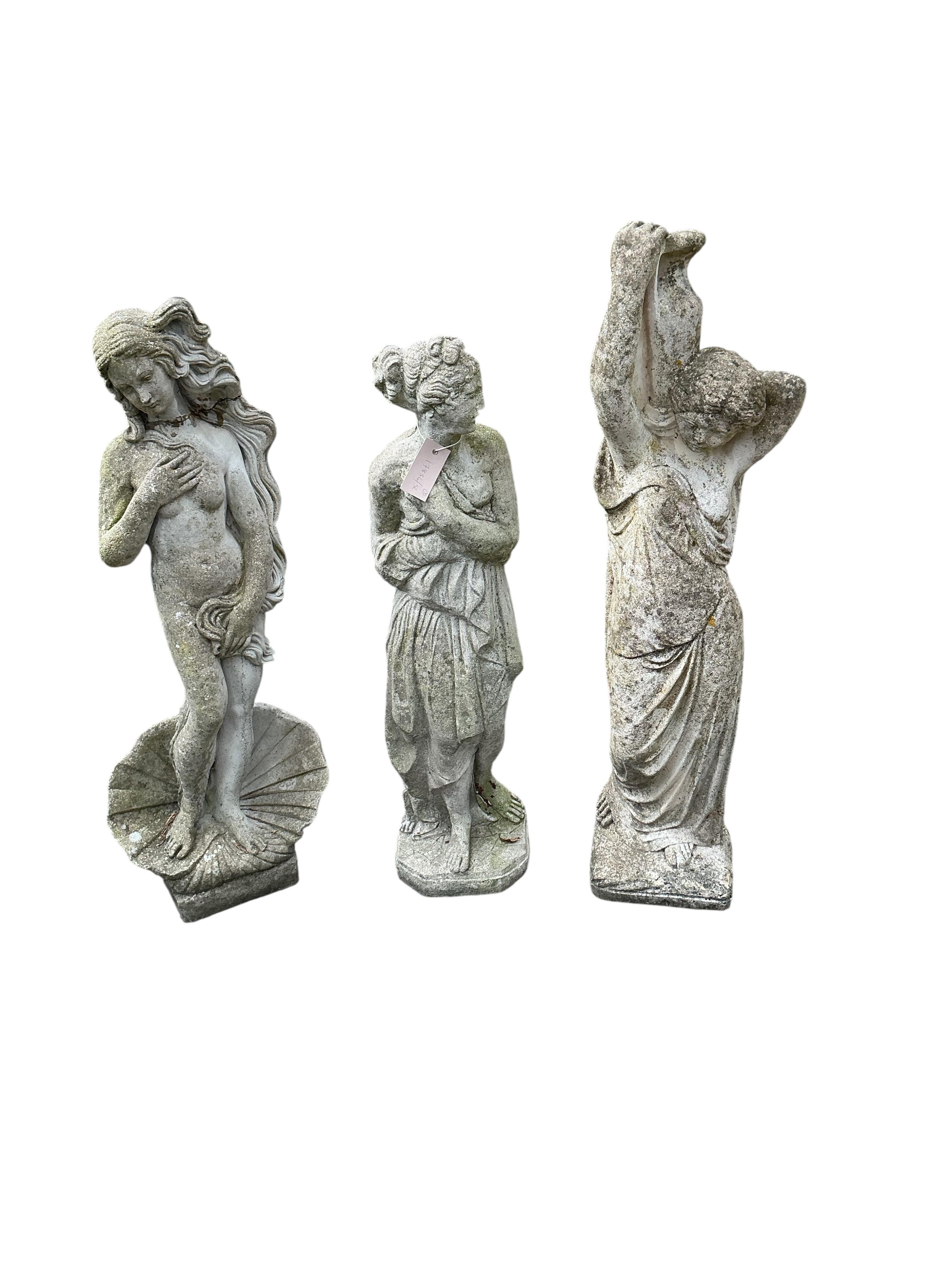 Three reconstituted stone female figure garden ornaments, largest height 92cm